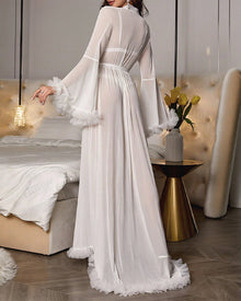 Duniii Sheer Ruffle-Sleeve Long Robe Set