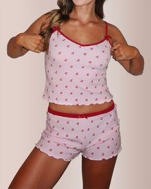 Duniii Cherry Print Contrast Trim Cami & Shorts Pajama Set