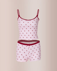 Duniii Cherry Print Contrast Trim Cami & Shorts Pajama Set