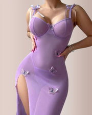 Mesh Butterfly High-Slit Slip Dress