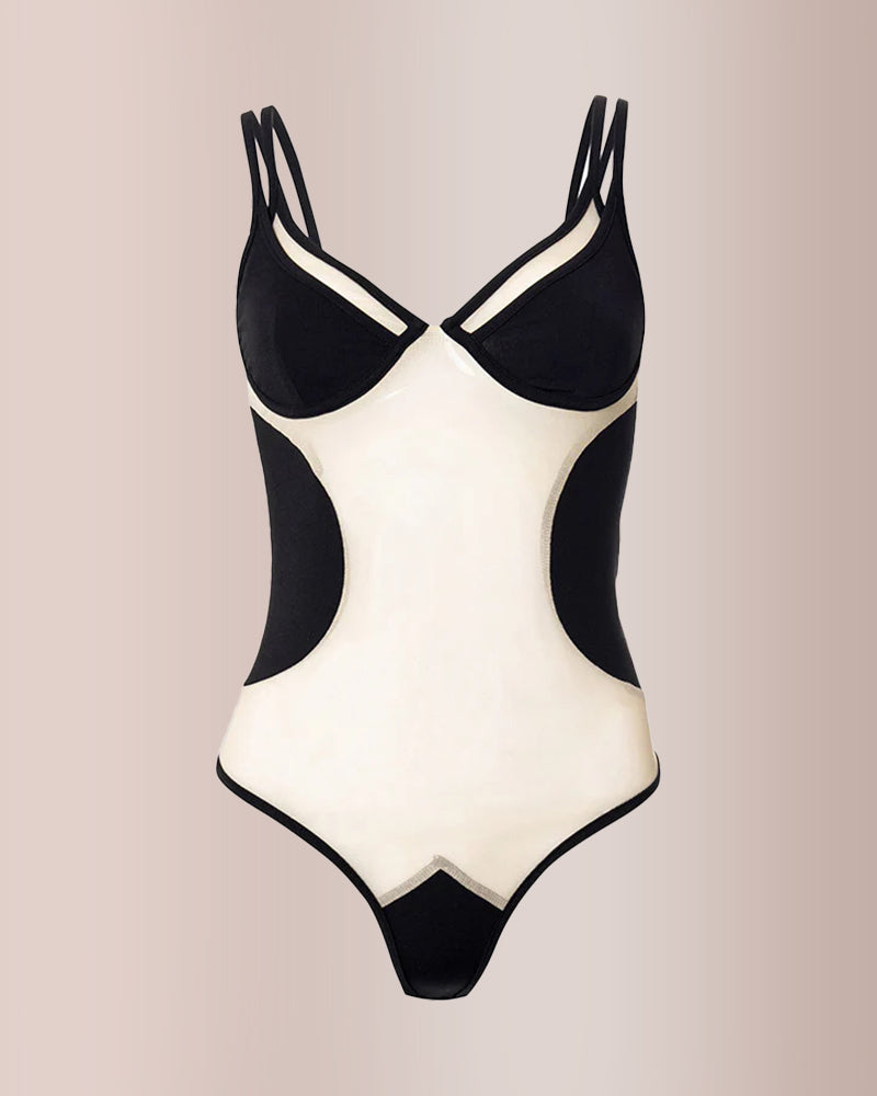 Trendy Black Tulle Patchwork Sexy Sheer Bodysuit
