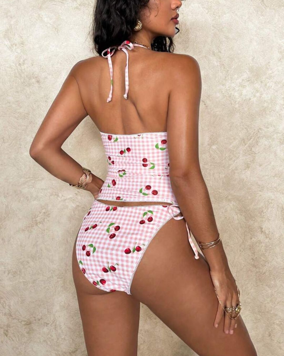Sweet Cherry Grid Print Cute 2 Piece Bikini Set