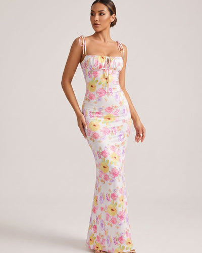 Floral Ruched Tie-Strap Maxi Dress – Bodycon Mermaid Fit
