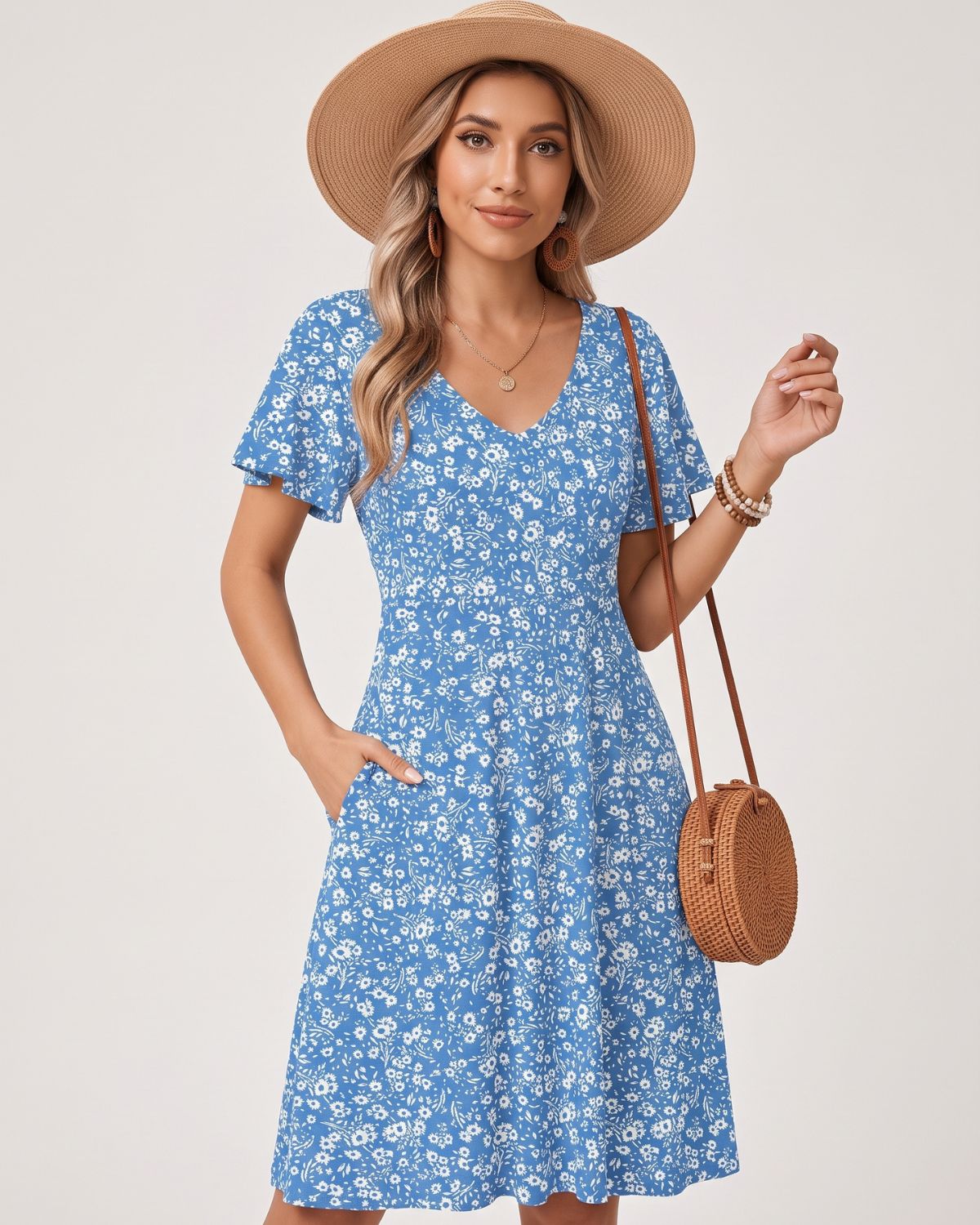 Women's Floral Swing Mini Dress with Pockets & Ruffle Sleeves
