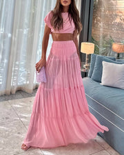 Chiffon lagdelt A-line Maxi-nederdel med elastisk talje