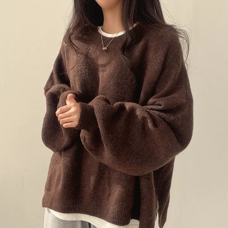 Women's Drop Shoulder Split Hem Sweater, Casual Long Sleeve Round Neck Jumper, Women's Knitwear Top for Fall & Winter, Sweaters for Women