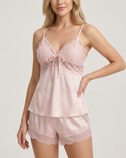 Lace Trim Satin Cami & Shorts Pajama Set