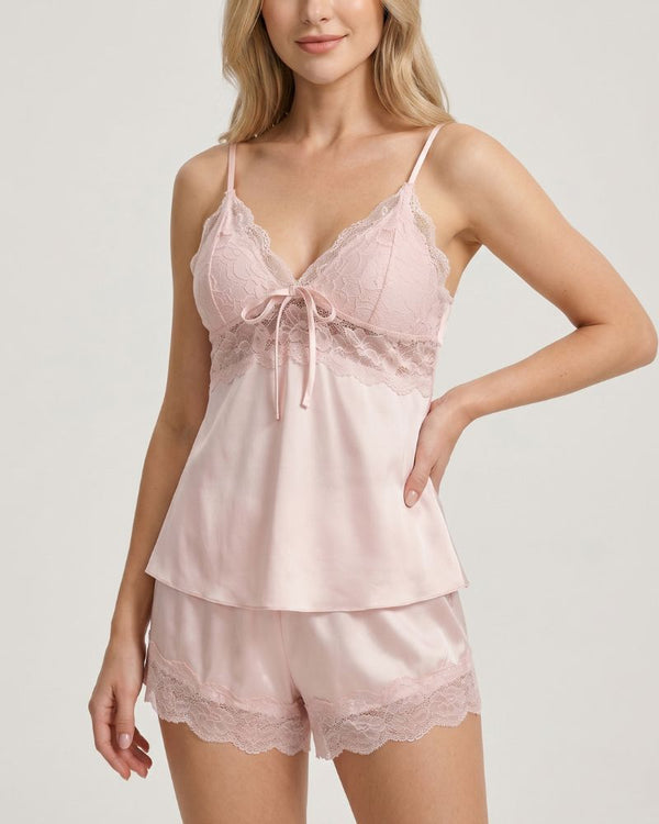 Lace Trim Satin Cami & Shorts Pajama Set