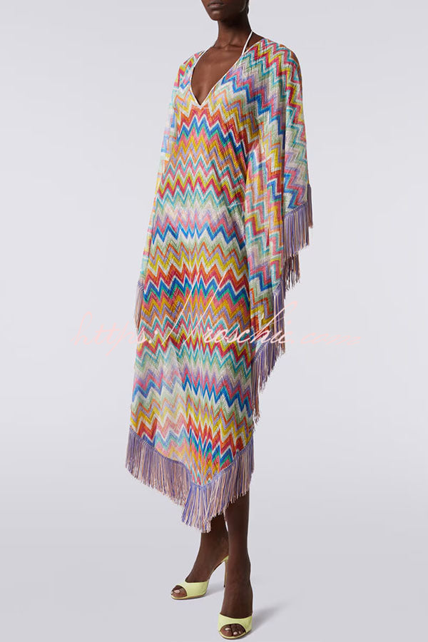 Knit Zigzag Fringe Trim Vacation Maxi Dress | One Size