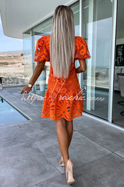 Crochet Lace Puff Sleeve Mini Dress – High Neck Party