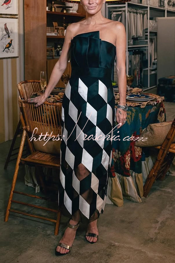Backless Rhombus Print Midi Dress – Off Shoulder Slim Fit