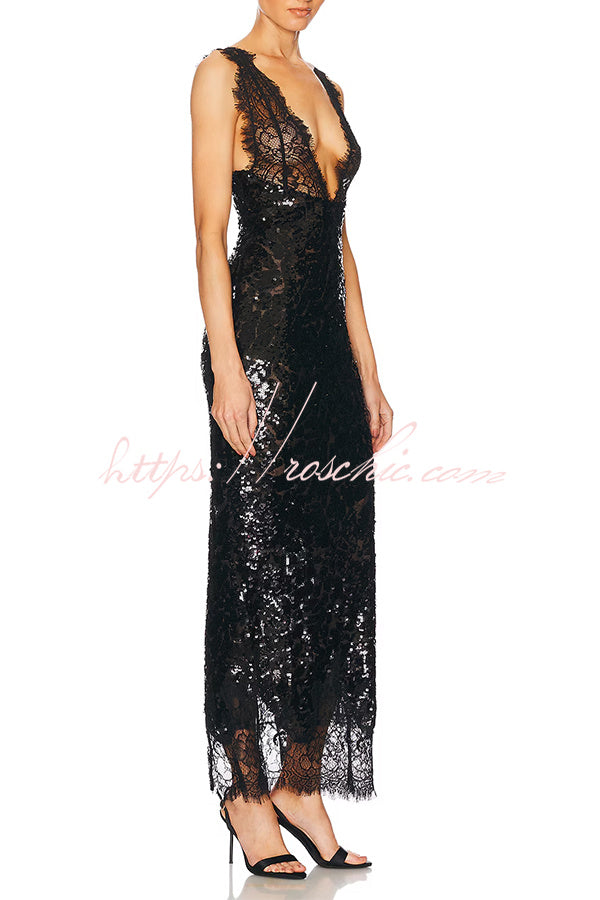 Sequined Deep V-Neck Lace-Trim Dress | Vacation Style