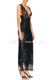 Sequined Deep V-Neck Lace-Trim Dress | Vacation Style