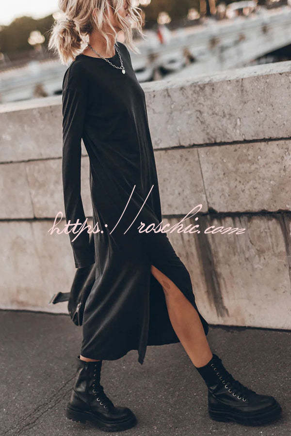 Robe midi à manches longues en coton mélangé – Coupe décontractée