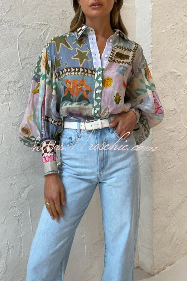 Printed Balloon Sleeve Loose Button Shirt | Vacation Top