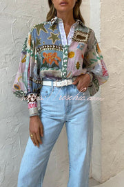 Printed Balloon Sleeve Loose Button Shirt | Vacation Top