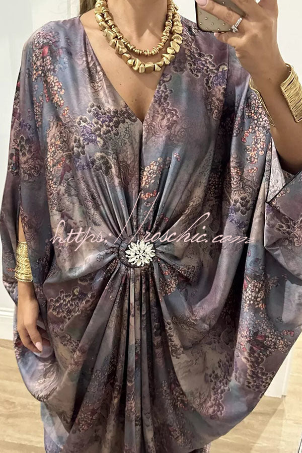 Satin Gemstone Embellished Maxi Dress with V-Neck Print