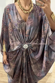 Satin Gemstone Embellished Maxi Dress with V-Neck Print