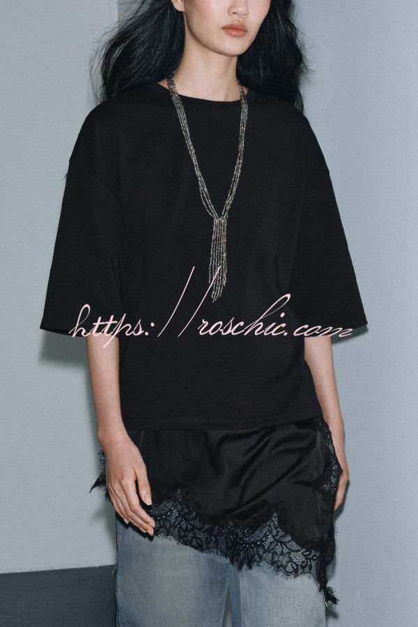 Lace Hem Loose Fit Round Neck Short Sleeve T-Shirt