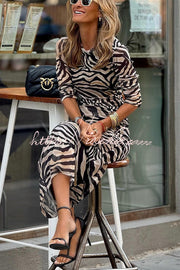 Zebra Print Mesh Ruched Maxi Dress – Long Sleeve