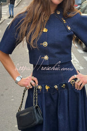 Denim Crop Jacket with Metal Pattern Buttons & Slit Sleeves