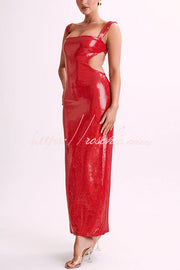 Sequin Backless Maxi Dress – Wide Strap Cutout Waist