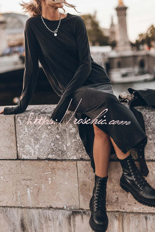 Cotton Blend Long Sleeve Midi Dress – Relaxed Fit
