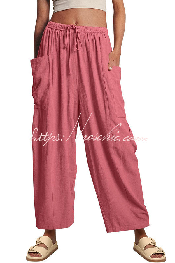 Linen Blend Drawstring Pants with Pockets – Loose Fit