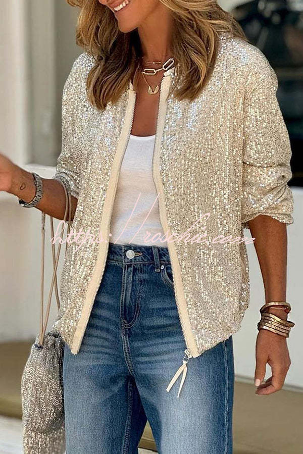 Sequin Zip-Up Long Sleeve Coat – Loose Fit Party Top