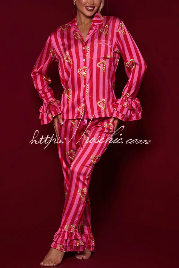 Candy Stripe Tiered Bell Cuff Pajama Set with Pockets