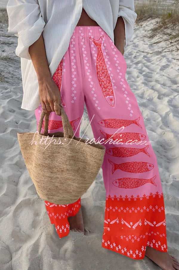 Marine Print Elastic Waist Loose Pants with Pockets
