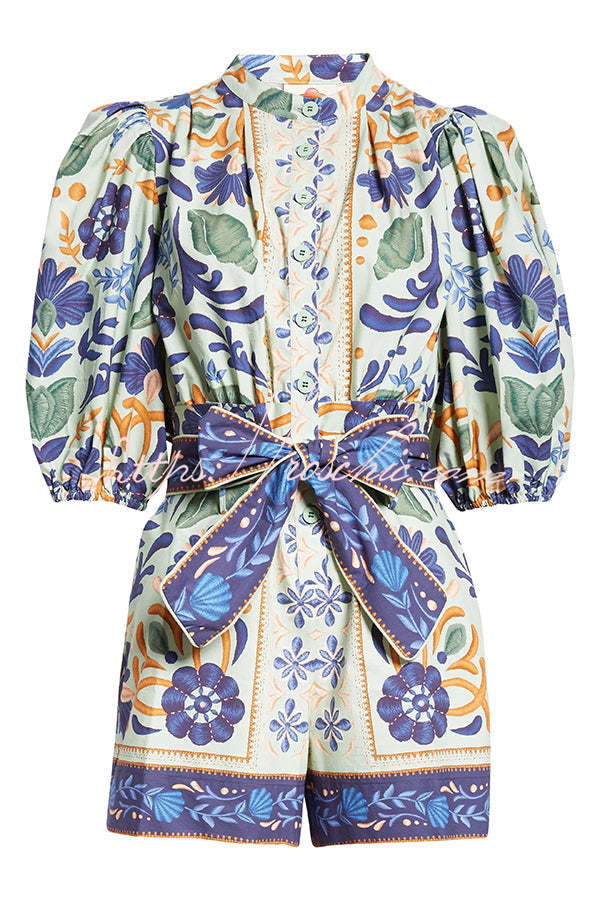 Linen Blend Puff Sleeve Romper with Pockets & Unique Print