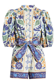 Linen Blend Puff Sleeve Romper with Pockets & Unique Print