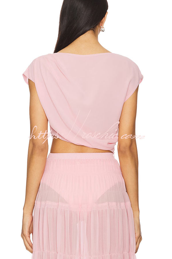 Chiffon Ruched Shoulder Crop Top | Short Sleeve Blouse