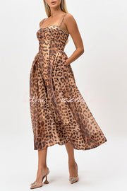 Leopard Print Rhinestone Midi Dress with Smocked Back & Pockets