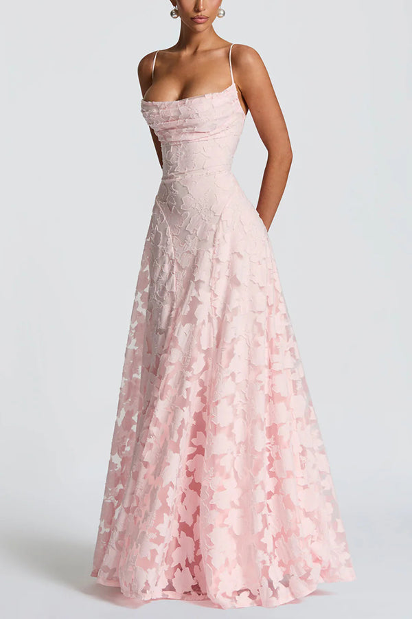 Floral Burnout Jersey Cowl Neck Lace-Up Maxi Dress