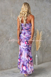 Floral Mesh One Shoulder Ruched Maxi Dress