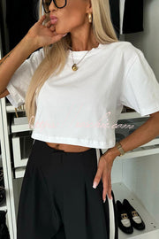Cropped Short Sleeve Stretch T-Shirt with Shoulder Pads
