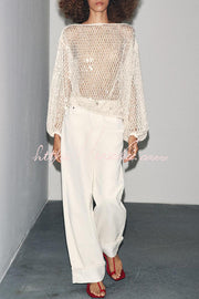 Sequin Knit Balloon Sleeve Cover-Up Top | Loose Wide Neck