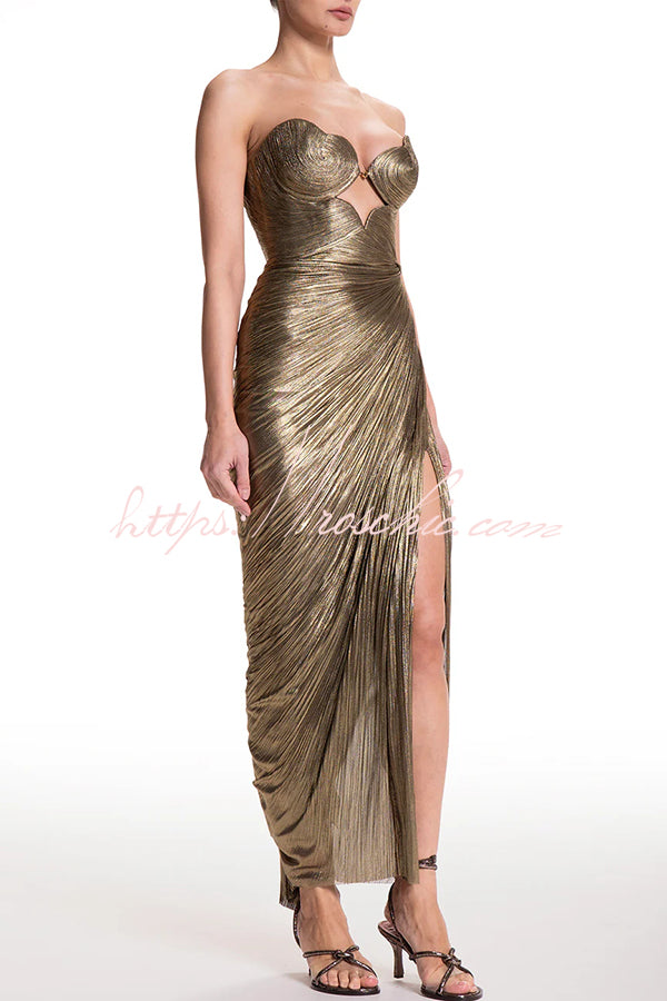 Metallic Pleated Strapless Maxi Dress with Gold Pendant & Slit