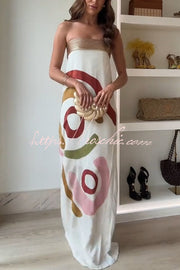 Pleated Print Strapless Maxi Dress with Metal Collar