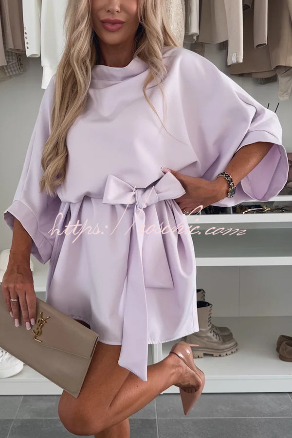 Loose Batwing Sleeve Belted Mini Dress – Solid Color