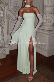 Robe longue plissée en mousseline à épaules dénudées avec fente