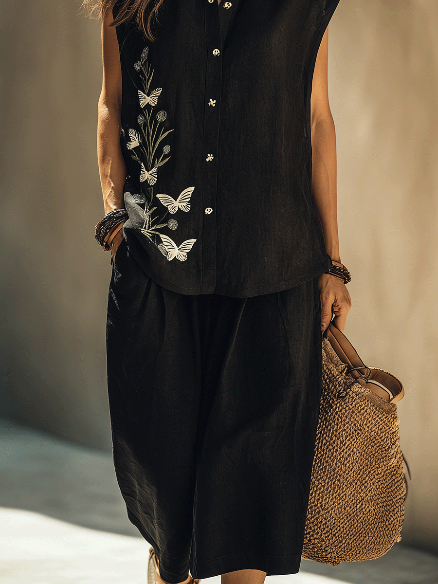 Black Floral Embroidered Loose Shirt and Shorts Set
