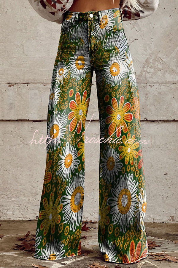 Floral Print Wide Leg Denim Pants with Pockets