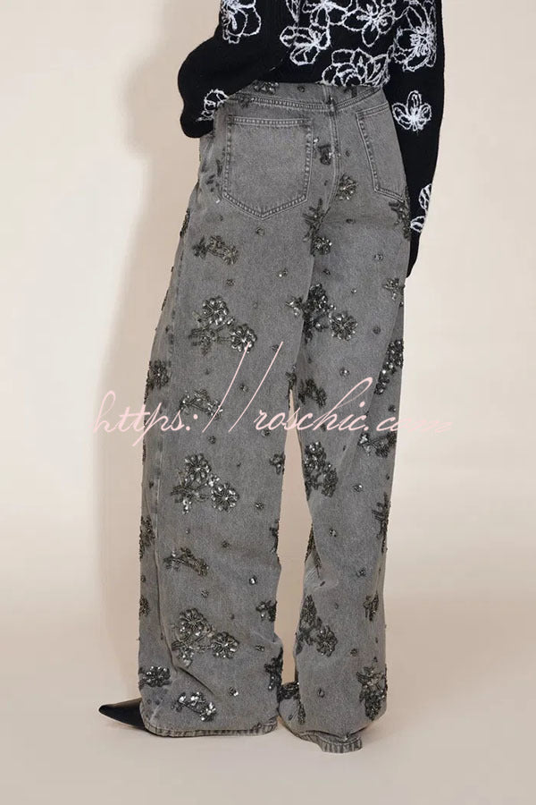 Beaded Sequin Floral Wide Leg Jeans Mid Rise with Pockets