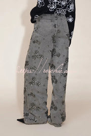 Beaded Sequin Floral Wide Leg Jeans Mid Rise with Pockets