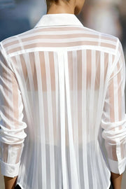 Sheer Striped Collared Shirt – Loose Long Sleeve Office Top