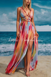 Tie-Dye Print Strapless Maxi Dress with Chain Detail & Slit