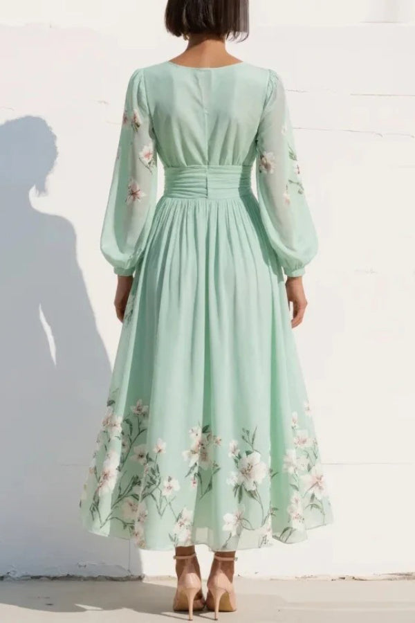 Floral Print V-Neck Maxi Dress – Fitted Waist, Long Sleeve